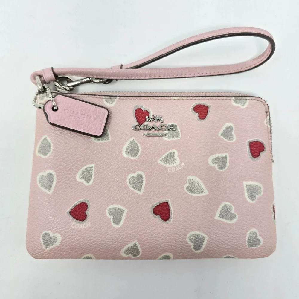 Coach Pink Heart Print Pebbled Leather Wristlet Zip Top Wallet Silver Logo